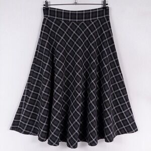 Zara Plaid Midi Skirt Womens Large Black Grey A Line Flared Circle Dark Academia